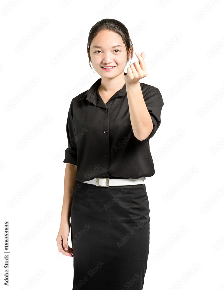 portrait of a beautiful asian businesswoman smiling and showing mini heart sign hands. Isolated on white background with copy space and clipping path portrait of a beautiful asian businesswoman smiling and showing mini heart sign hands. Isolated on white background with copy space and clipping path
