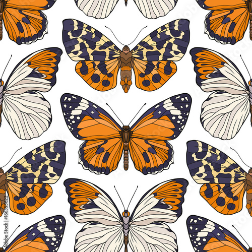 Butterflies. Colorful seamless pattern, background. Stock line vector illustration 