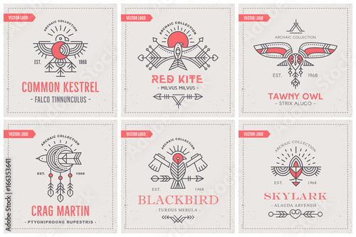 Bird Logo design with decorative elements, geometric tribal archaic set of emblems