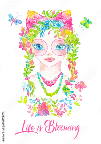 Whimsical young girl portrait with pink round glasses, blooming flower hair and cute ears decorated with floral ornament