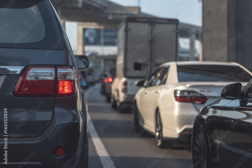 traffic jam with row of cars on toll way traffic jam with row of cars on toll way