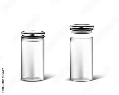 glass can bank set with a silver lid. Packing for loose products  for kitchen. Bank for sugar, salt, pepper and spices. For spaghetti. Template For Mockup Your Design. vector illustration.
