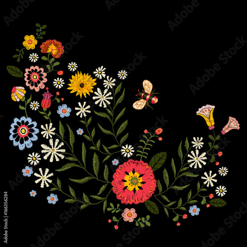 Embroidery native pattern with simplify flowers and bee. Vector embroidered traditional floral bouquet. Tribal style design for fashion wearing.