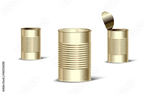 gold tin can bank open and closed view. Package for products and promotion vector template 
