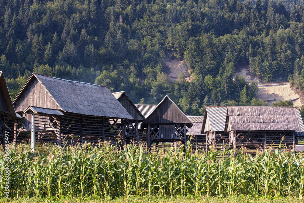 Obraz premium Traditional wooden double linked hayrack or toplarji at Studor, Slovenia