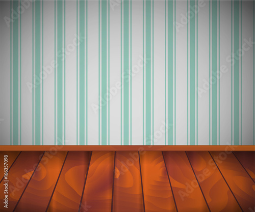 Background. Empty room with wooden floor or parquet and striped wallpaper.