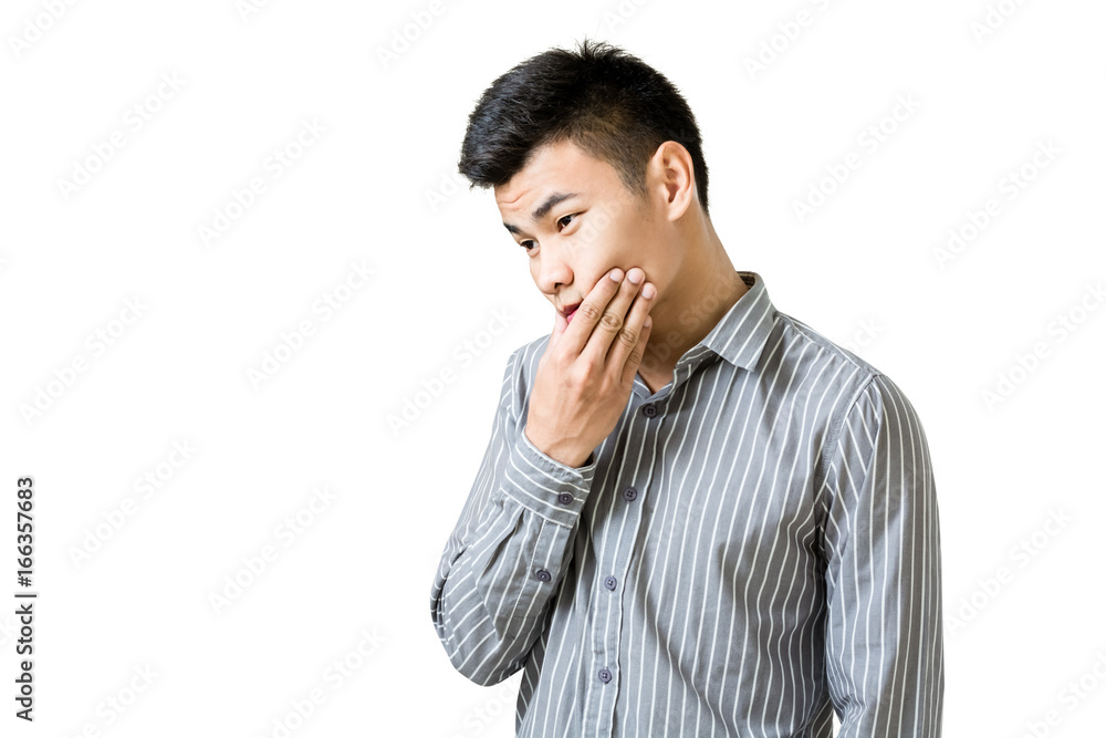 Portrait of a young business man with teeth brace dental having a toothache. Isolated on white background with copy space and clipping path Portrait of a young business man with teeth brace dental having a toothache. Isolated on white background with copy space and clipping path