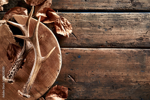 Foto Deer antlers with leaves on wooden board