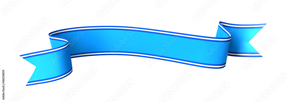 Curled blue ribbon banner with white border - arc up and down with wavy ends - front and back Curled blue ribbon banner with white border - arc up and down with wavy ends - front and back