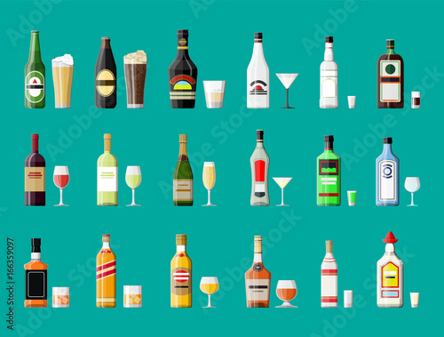 Alcohol drinks collection. Bottles with glasses.