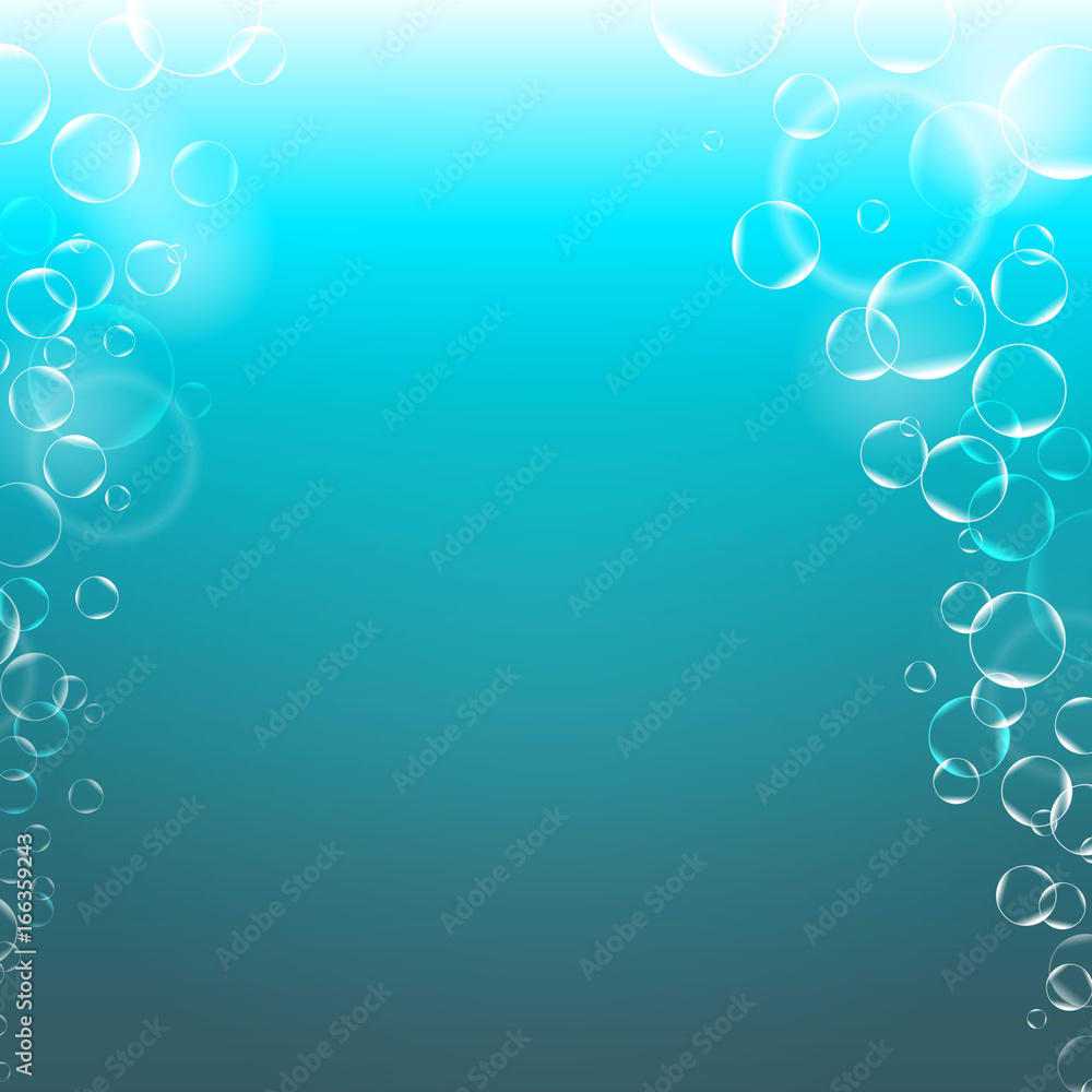 Abstract underwater background with transparent bubbles and empty space