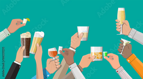 Hands group holding glasses with drinks
