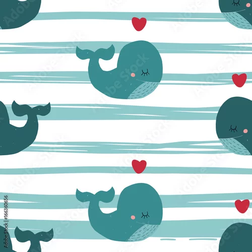 Tapety Słodkie dziecko wektor wzór z wieloryba, serca i linii.