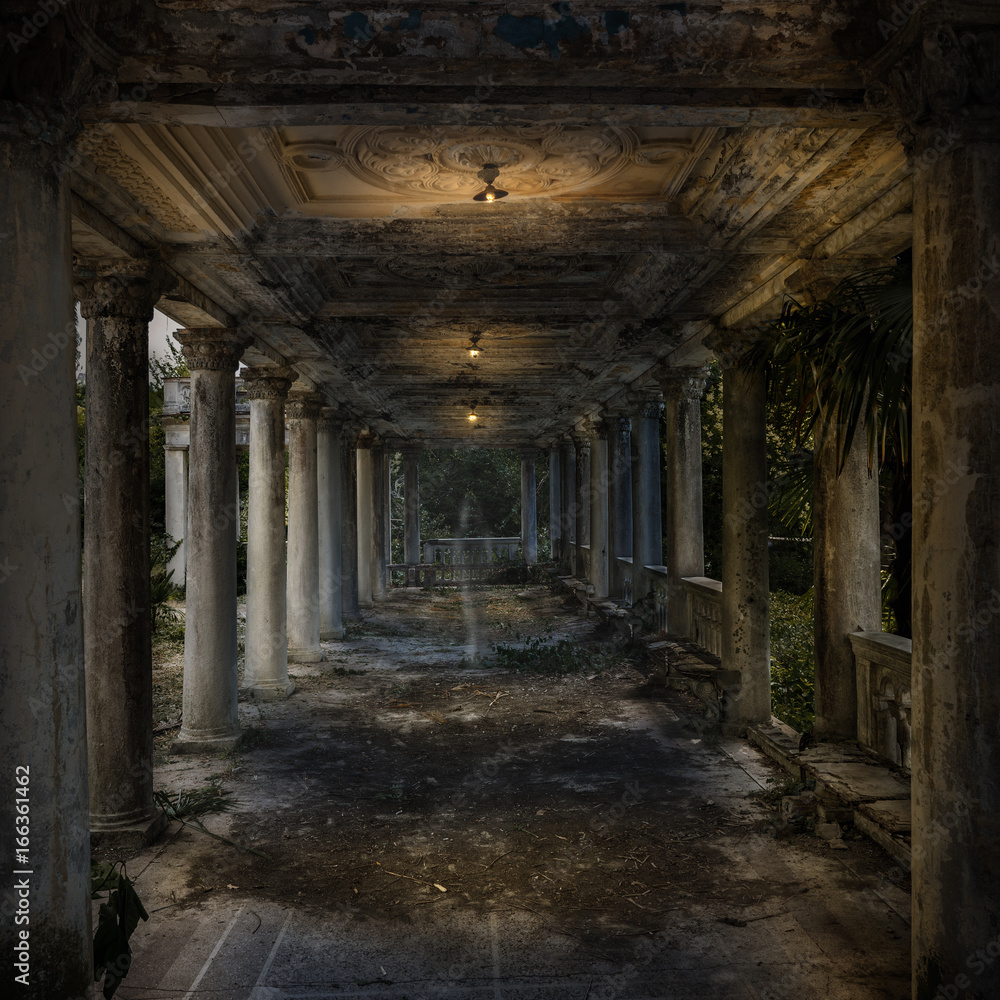 Old dilapidated corridor with columns. Twilight. In the ceiling light a dim light is on. Moonlight falls from the side. In the center of the corridor is a translucent silhouette of a ghost