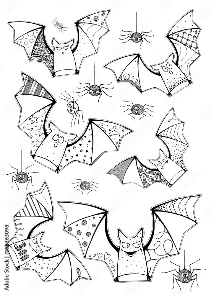 Bat hand drawn spiders halloween