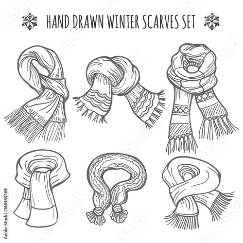 Sketch of winter scarves on white background, vector illustration