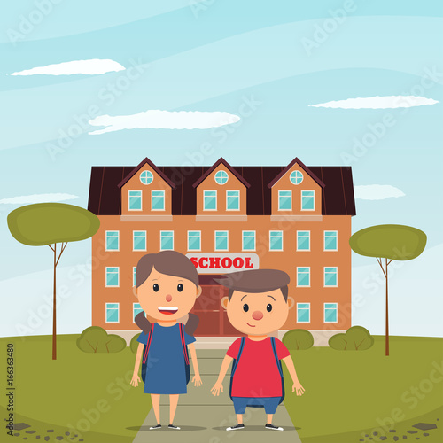 Back to school. Boy and girl on the background of the school building. Vector illustration in flat style
