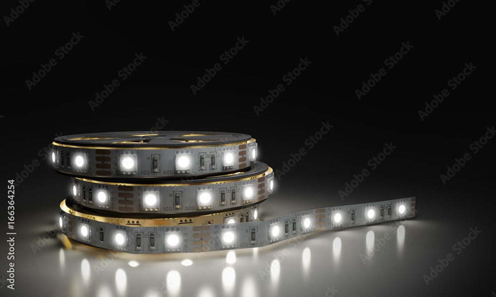 Diode strip Led lights tape in holder close-up 3d render on glass flor  Stock Illustration | Adobe Stock