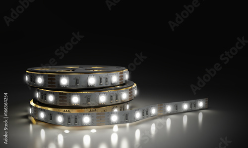 Diode strip Led lights tape in holder close-up 3d render on glass flor