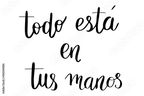 Todo esta en tus manos. Phrase in Spanish Everything is in your own hands. Handwritten black text isolated on white background, vector. Each word is on the separate layer