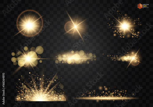 Set. Shining star, the sun particles and sparks with a highlight effect, color bokeh lights glitter and sequins. On a dark background transparent. Vector, EPS10
