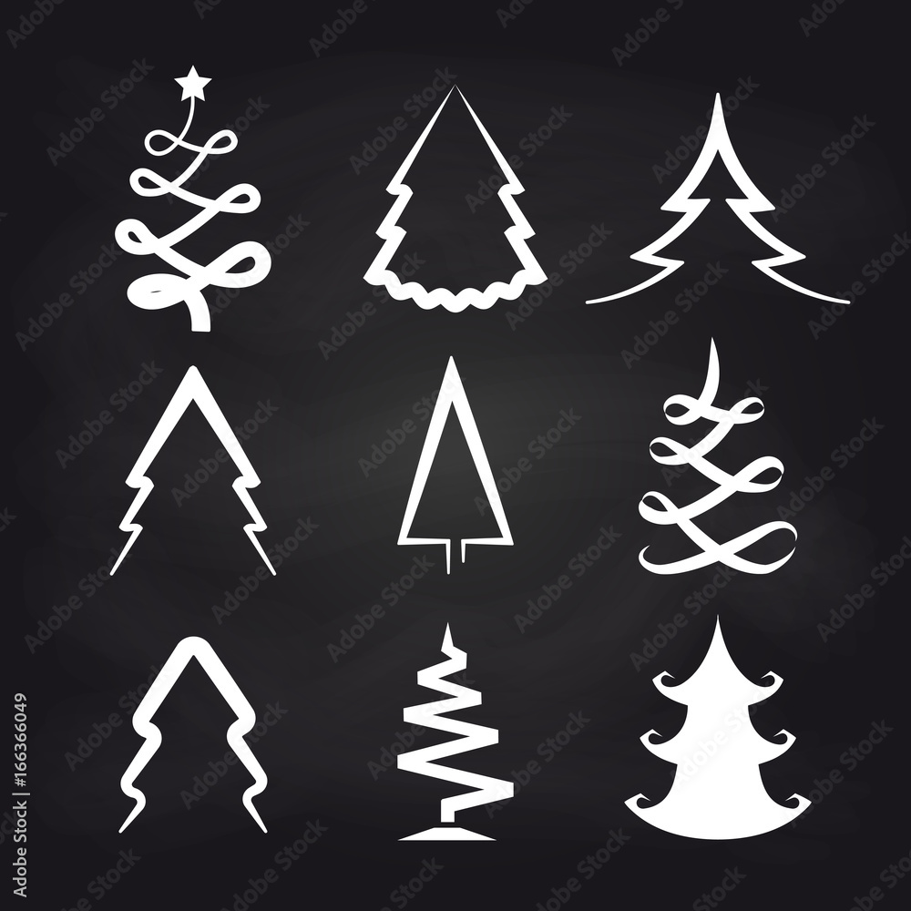 Fototapeta premium White christmas tree icons on chalkboard background. Vector illustration