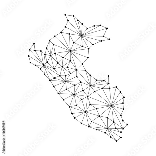 Peru map of polygonal mosaic lines network, rays and dots vector illustration.