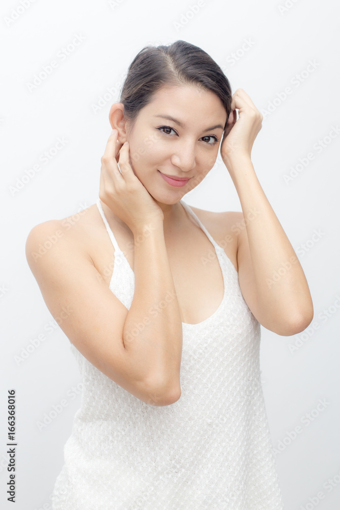 Beautiful Asian Woman Face Portrait Beauty Skin Care Concept. Fashion Beauty Model isolated on white Beautiful Asian Woman Face Portrait Beauty Skin Care Concept. Fashion Beauty Model isolated on white