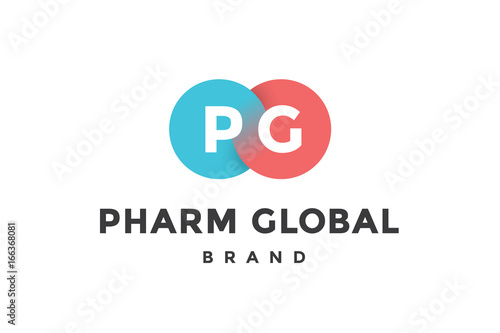 Emblem of business company with two circle, letter P, G, text Pharm. Logo template of two merged circles for brand. Logo, signs, labels, identity, badges for business brands. Vector Illustration