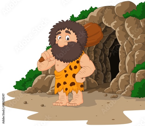 Cartoon caveman holding club with cave background