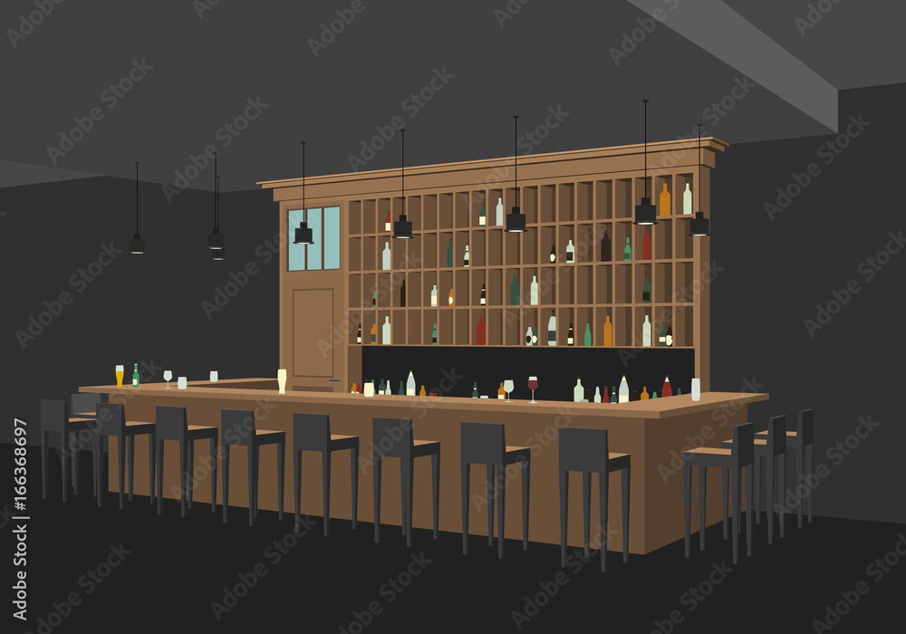Perspective view of bar interior. - obrazy, fototapety, plakaty 