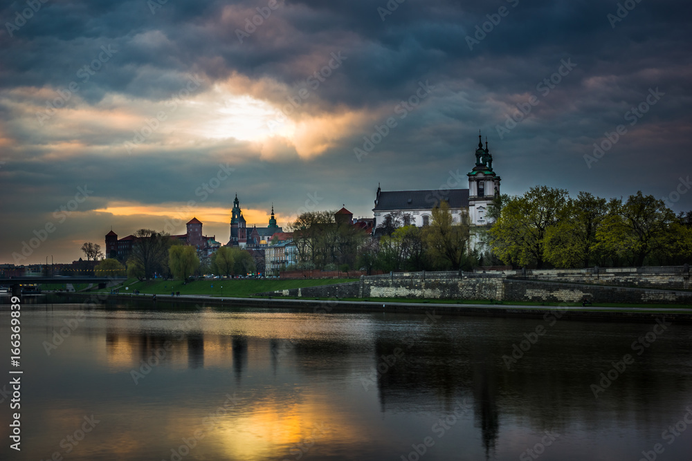 Fototapeta Dusk over the church on the Rock and Vistula river in Cracow, Poland