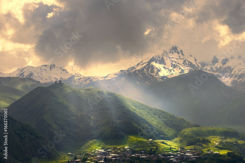 Gergeti village and Mount Kazbek, Kazbegi region, Georgia