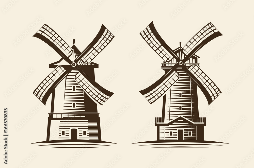 Old wooden mill. Windmill, agriculture, farming logo or icon. Vintage vector illustration