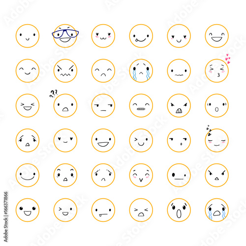 36 Doodle emoticons with different emotions, vector set of various hand-drawn outline cute expressions, EPS 8