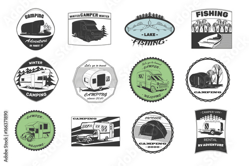 vintage camping and outdoor adventure emblems, logos and badges. Camping equipment. Camp trailer in the forest.