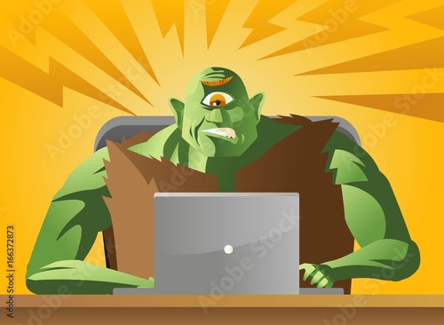 evil ogre troll monster using a computer
