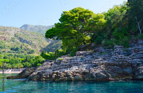 Picturesque rocky coast near famous Royal beach, Milocer, Montenegro