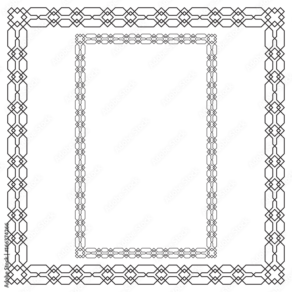 Geometric, Arabic frameworks, rectangular and square. For page decoration, title, card, label.