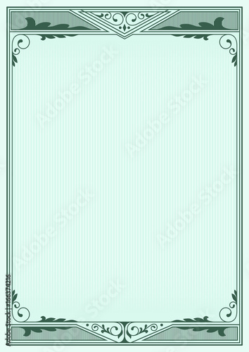 Decorative dark green framework on background . Template for certificate, diploma, label. A4 page proportions.  Mesh tool used.