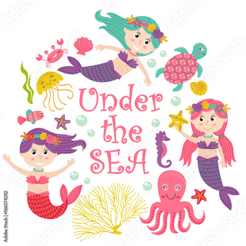 card with mermaid under the sea - vector illustration, eps