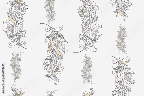 Seamless pattern with hand drawn feathers in mehndi style, vector. There is a swatch in the panel. Elements are not cut off and hidden under mask