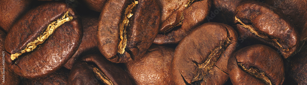 Obraz premium Coffee beans closeup on natural texture, border design panoramic banner. Vintage toned 