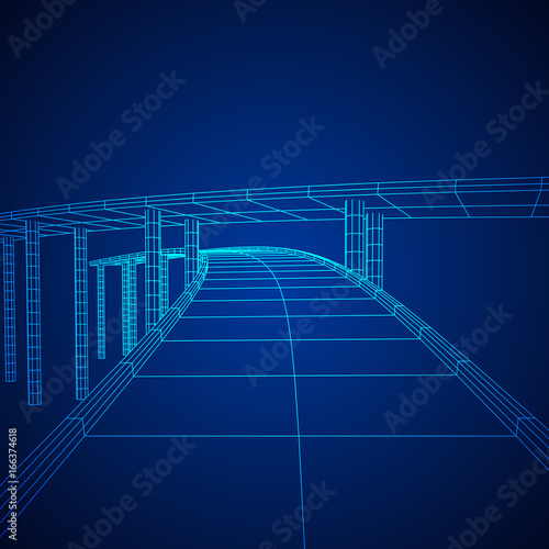 Wireframe Mesh Bridge Highway Crossing. Connection Structure. Digital Data Visualization Concept. Vector Illustration.