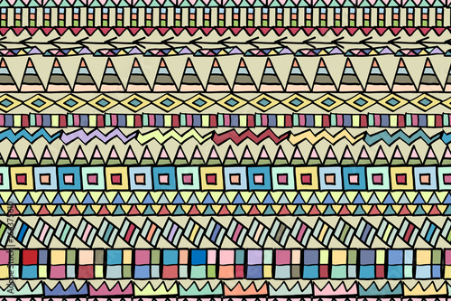 Abstract horizontal geometric pattern with hand drawn elements, vector. Seamless pattern. There is a swatch in the panel. Elements are not cropped and hidden under mask