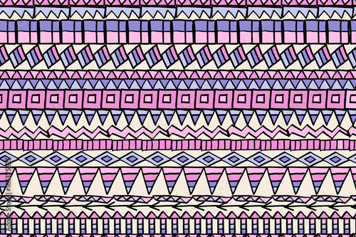 Abstract horizontal geometric pattern with hand drawn elements, vector. Seamless pattern. There is a swatch in the panel. Elements are not cropped and hidden under mask