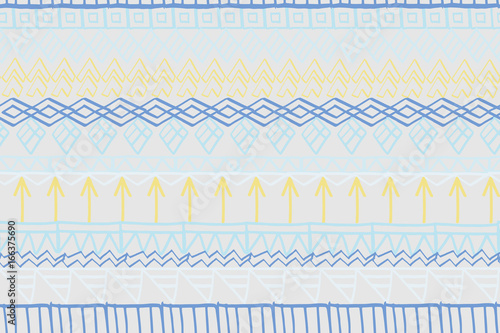 Abstract horizontal geometric pattern with hand drawn elements, vector. Seamless pattern. There is a swatch in the panel. Elements are not cropped and hidden under mask