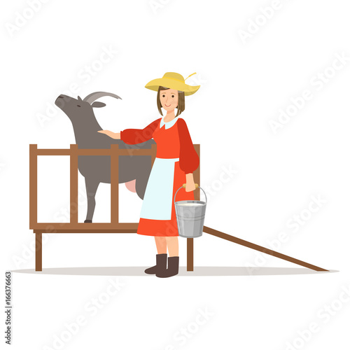 Farmer woman milking her goat, farming and agriculture vector Illustration