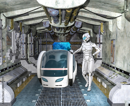 3D illustration of Futuristic Spacewoman in spaceship pod bay