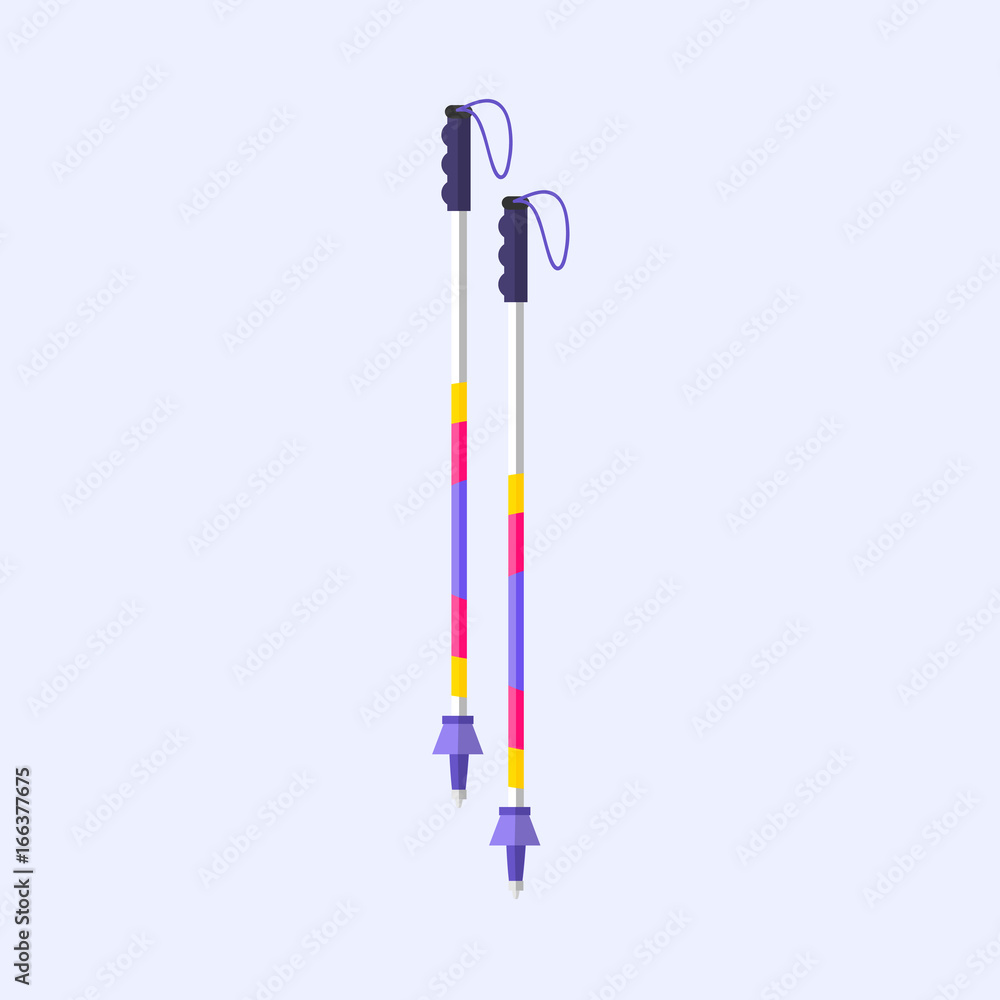 Ski, hiking, Nordic walking poles with straps, flat style vector illustration isolated on white background. Flat vector ski, hiking, Nordic walking poles, sticks, colorful illustration